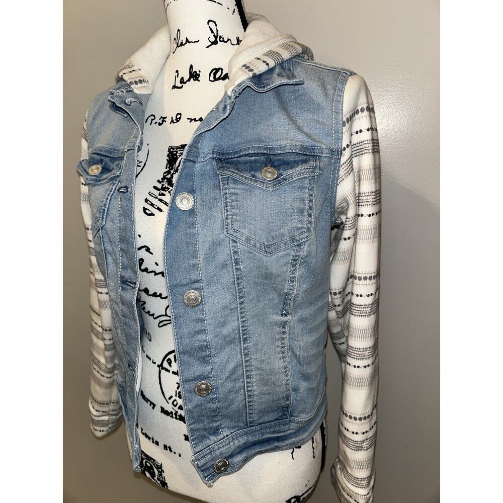 WALLFLOWER Button Down Long‎ Sleeve Blue Hooded Denim Jean Jacket Women's Size M - Picture 3 of 11